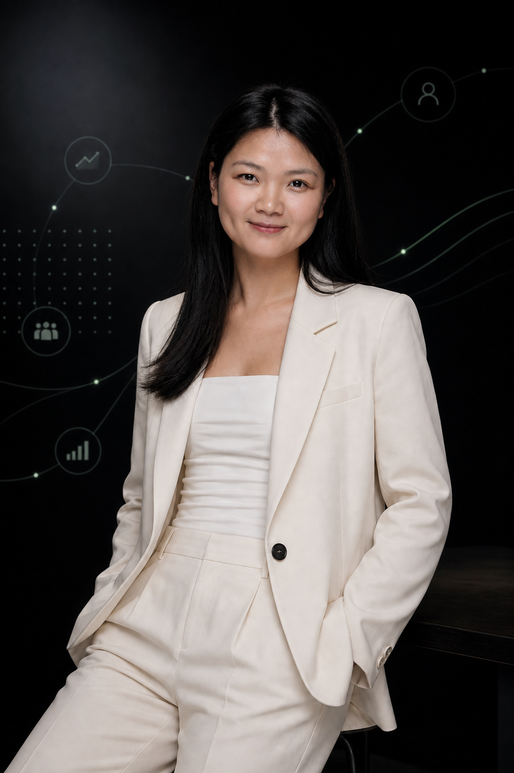 Editorial portrait of Karen Lai in an almond milk tailored blazer